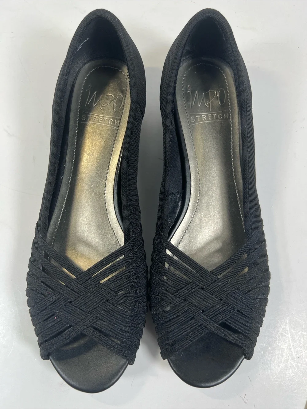 IMPO Stretch Riswel Black Woven Peep Toe Wedge Pumps Women’s 7.5M